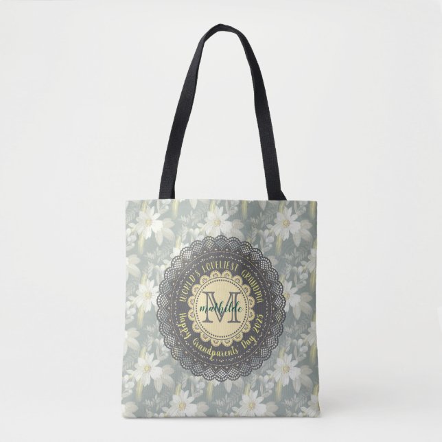 World’s Loveliest Grandmother Daisy Lace Monogram Tote Bag (Front)