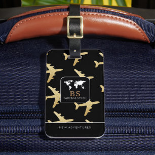 World Travel luggage tag with name & aeroplanes