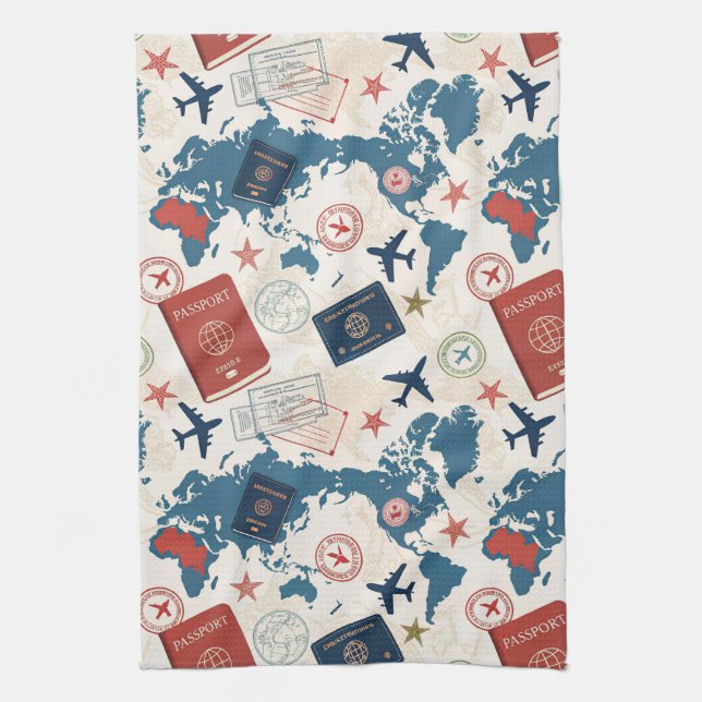 World Travel Map Pattern Tea Towel (Vertical)