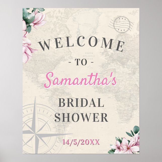 World Travel Map Pink Floral Bridal Shower Welcome Poster (Front)