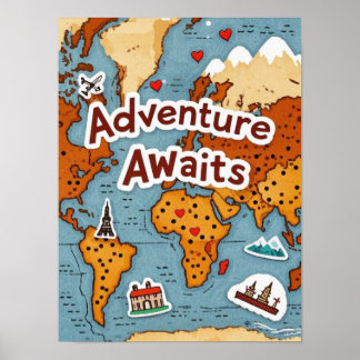 World Travel Map with quote Poster