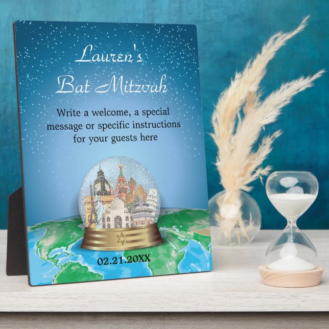 World Travel Snow Globe Bar Bat Mitzvah Plaque (Side)