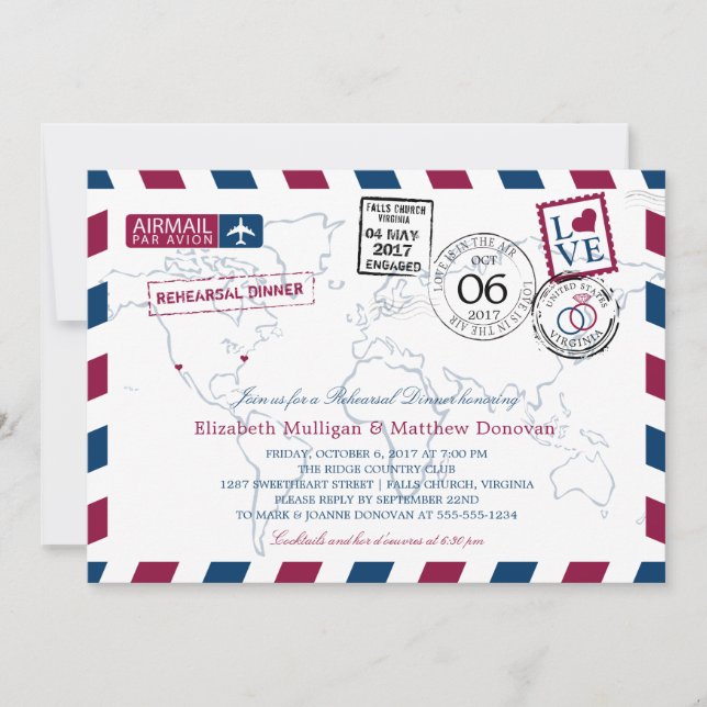 World Traveller Airmail |  Rehearsal Dinner Invitation (Front)