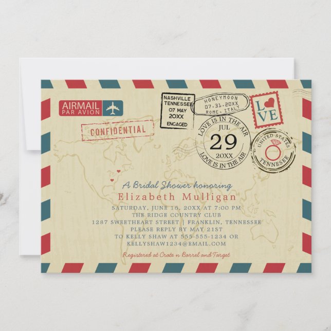 World Traveller Airmail Tennessee Bridal Shower Invitation (Front)