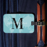 World Traveller Aqua Blue Map Custom Monogram Name Luggage Tag<br><div class="desc">Travel the world in style! This elegant and modern luggage tag features an aqua green / blue map of the world background with black and white custom monogram that can be personalised with your first or last name and initial letter.</div>