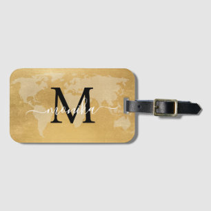 World Traveller Gold Foil Map Custom Monogram Name Luggage Tag