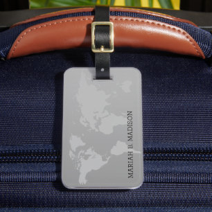 World Traveller map Gold Brush metal Monogrammed Luggage Tag