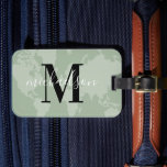 World Traveller Sage Green Map Custom Monogram Nam Luggage Tag<br><div class="desc">Travel the world in style! This elegant and modern luggage tag features a sage muted grey / green map of the world background with black and white custom monogram that can be personalised with your first or last name and initial letter.</div>