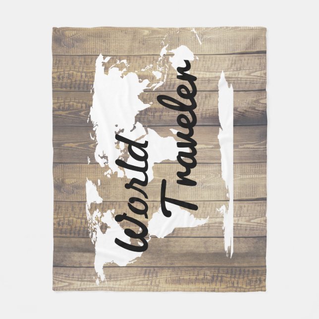 World Traveller White World Map Light Wood Fleece Blanket (Front)