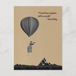 World traveller with hot air balloon and mountains postcard