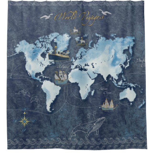 World Voyages Map Shower Curtain (Front)