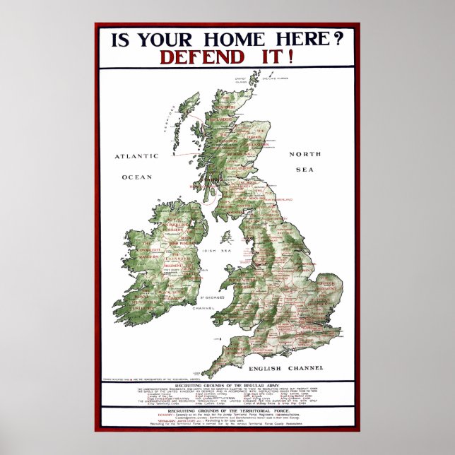 WORLD WAR ONE WAR MAP of the UNITED KINGDOM  1915 Poster (Front)