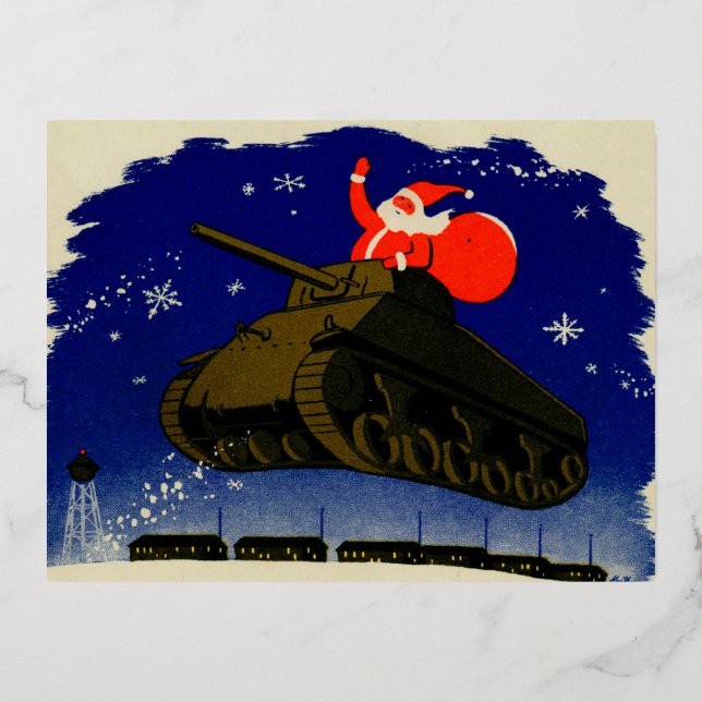 World War Two Armoured Santa Foil Holiday Postcard (Front)