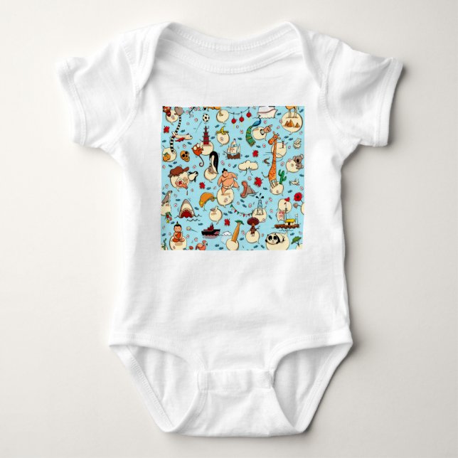 World Wonders: Colourful Blue Pattern. Baby Bodysuit (Front)