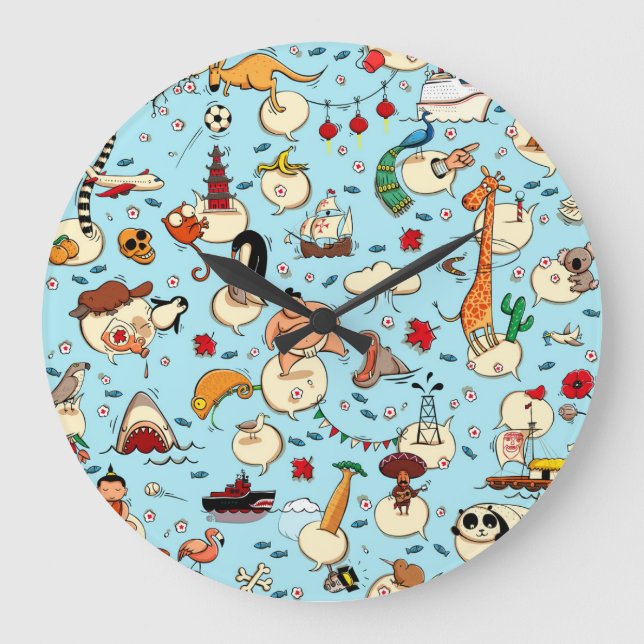 World Wonders: Colourful Blue Pattern. Large Clock (Front)