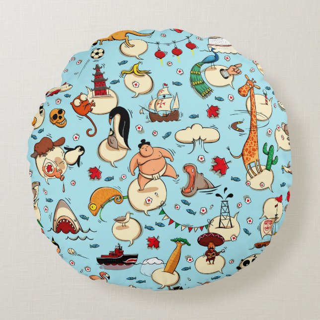 World Wonders: Colourful Blue Pattern. Round Cushion (Front)