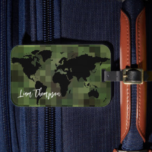 Worldmap green pixels travel luggage tag