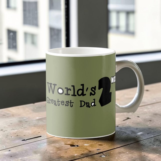 World's 2nd Greatest Dad Father's Day Mug (World's 2nd Greatest Dad written on a moss green mug as a cheeky dad gift, on a rustic wood table.)