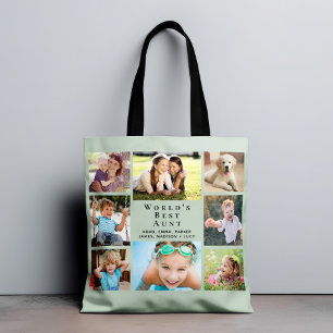 World's Best Aunt 8 Photo Collage Sage Green Tote Bag