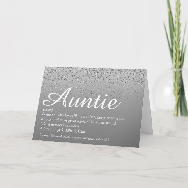 World's Best Auntie Aunt Definition Script Silver Card (Front)