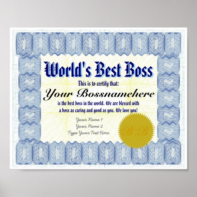 World's Best B oss Certificate Print (Front)