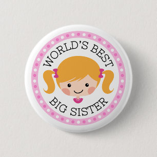 Worlds best big sister cartoon girl blonde hair 6 cm round badge