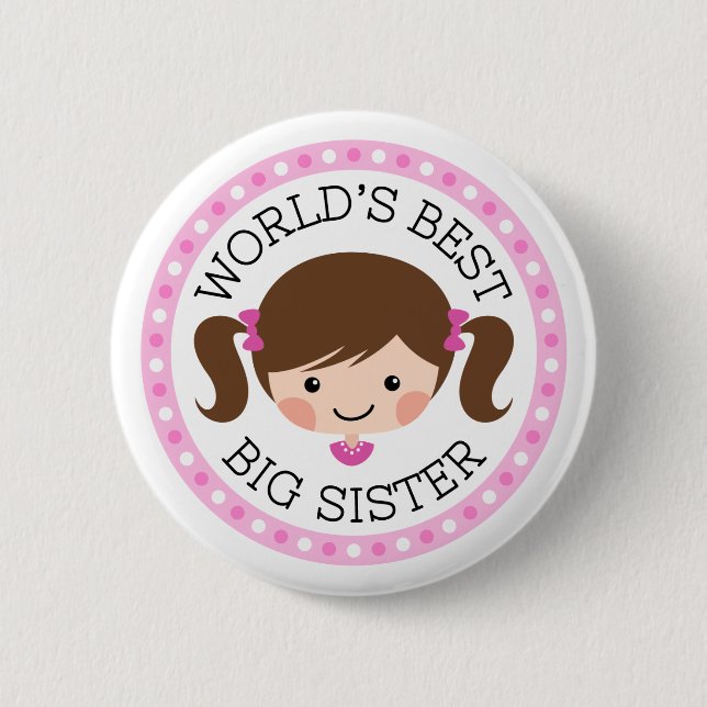 Worlds best big sister cartoon girl brown hair 6 cm round badge (Front)