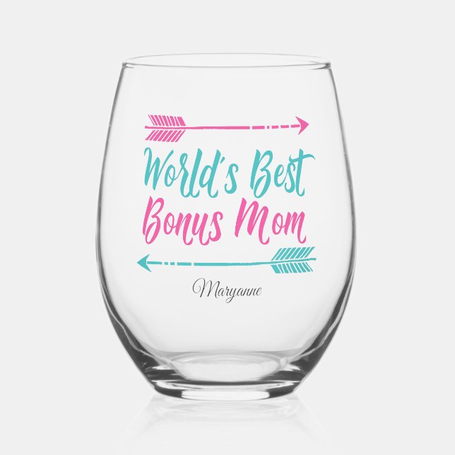 World's Best Bonus Mum Personalised Mother's Day Stemless Wine Glass (Front)