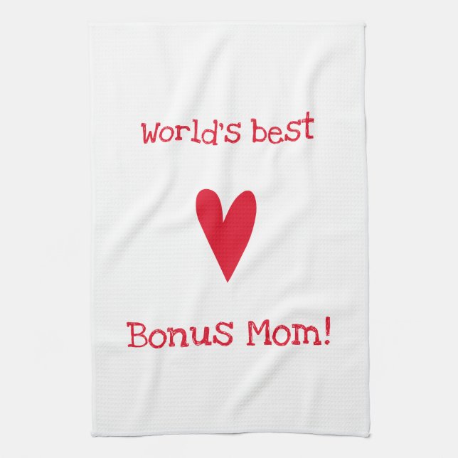 World's best Bonus Mum! | Red Heart Mother's Day Tea Towel (Vertical)