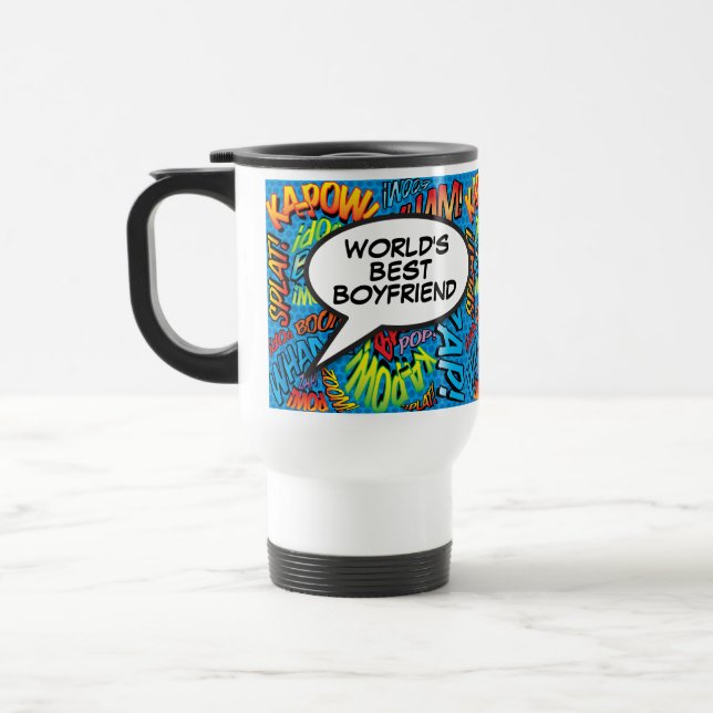 World's Best Boyfriend Fun Retro Comic Book Blue Travel Mug (Left)
