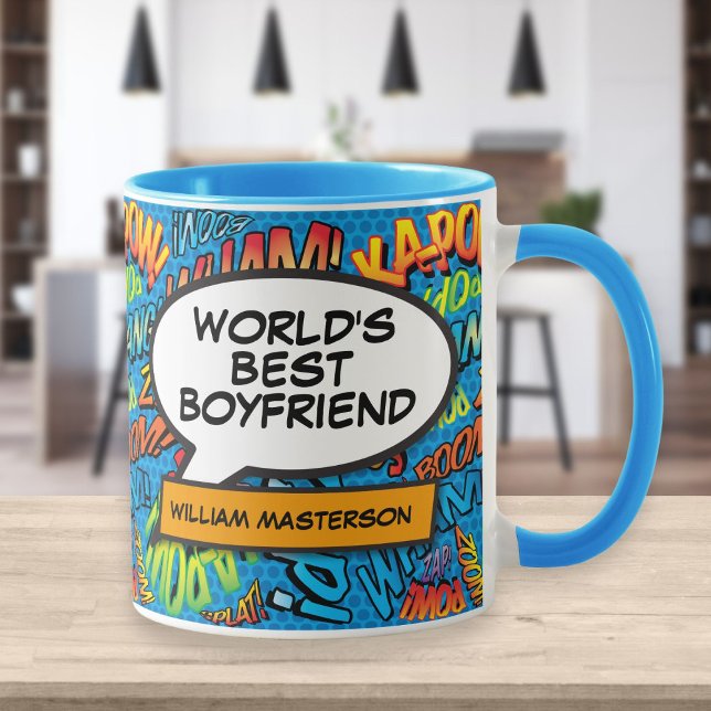 World's Best Boyfriend Name Fun Retro Comic Blue Mug (Creator Uploaded)