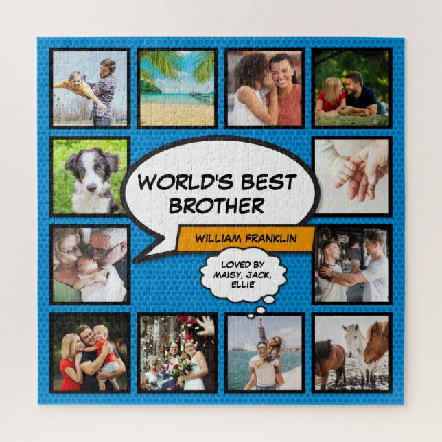 World's Best Brother 12 Photo Comic Book Fun Blue Jigsaw Puzzle (Vertical)