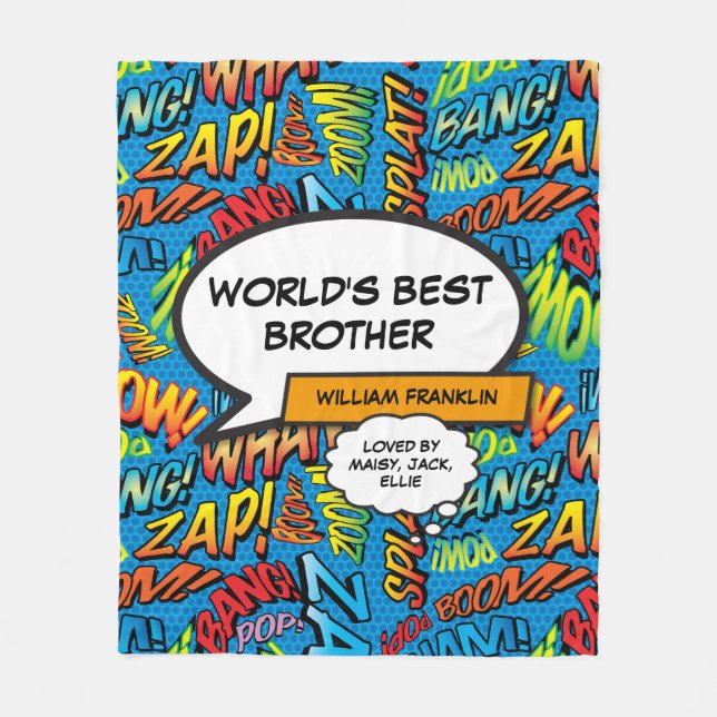 World's Best Brother Cool Fun Comic Book Blue Fleece Blanket (Front)