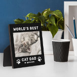 Worlds Best Cat Dad Black Square Custom Photo Plaque<br><div class="desc">This simple and modern square custom photo plaque easel sign features a portrait-shaped photo space with custom "The World's Best Cat Dad" wording with name(s) of pet kitty cat(s) in modern black style with cute paw prints, heart accent, and personalisation of the cat's name. Makes a great Father's Day gift...</div>