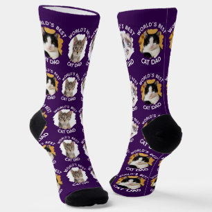 World's Best Cat Dad – Custom 3 Cat Photos Purple Socks