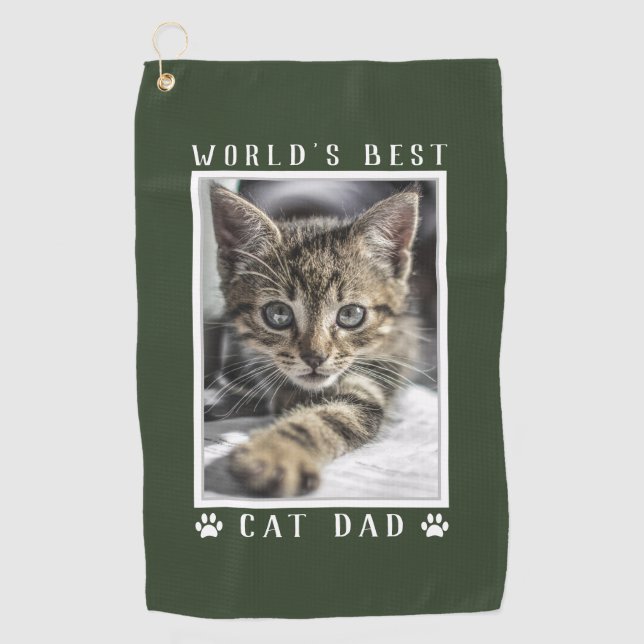 World's Best Cat Dad Paw Prints Pet Photo Green Golf Towel (Front)