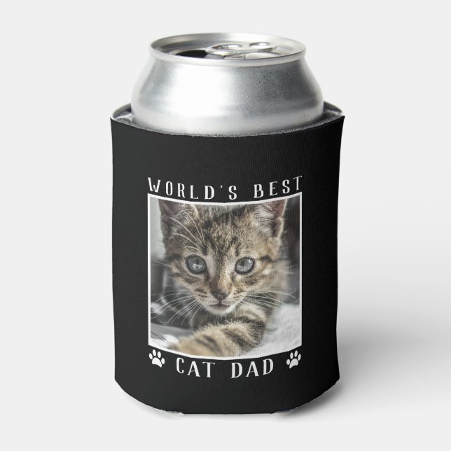 World's Best Cat Dad Paw Prints Pet Photo on Black Can Cooler (Can Front)