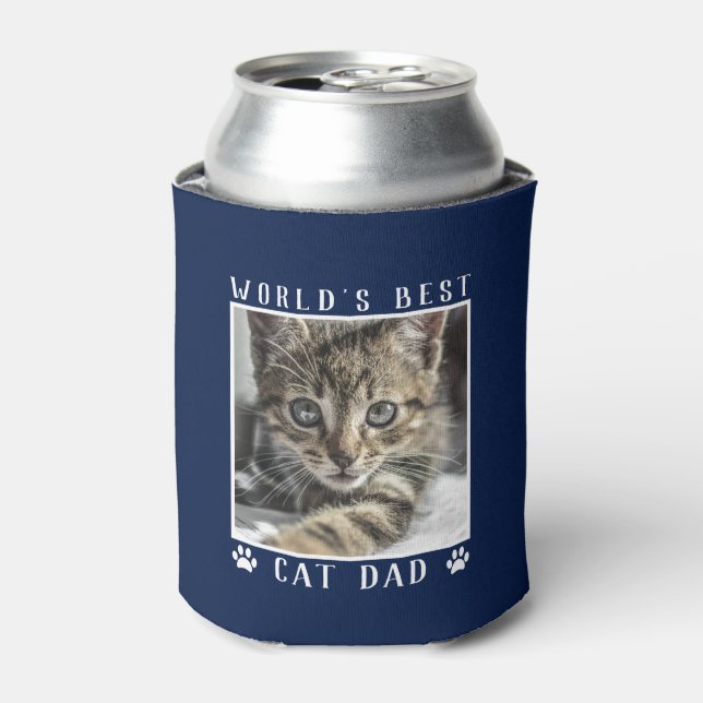 World's Best Cat Dad Paw Prints Pet Photo on Navy Can Cooler (Can Front)