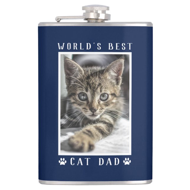 World's Best Cat Dad Paw Prints Photo Navy 8 oz Hip Flask (Front)