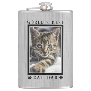 World's Best Cat Dad Paw Prints Photo Rustic Wood Hip Flask