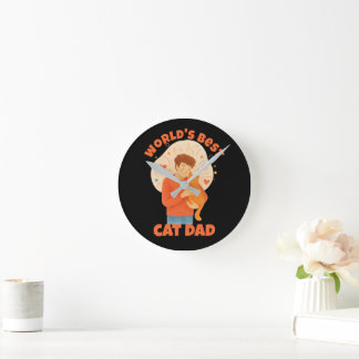 World's Best Cat Dad Watercolor Custom Photo Round Clock