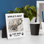 Worlds Best Cat Dad White Square Custom Photo Plaque<br><div class="desc">This simple and modern square custom photo plaque easel sign features a portrait-shaped photo space with custom "The World's Best Cat Dad" wording with name(s) of pet kitty cat(s) in modern black style with cute paw prints, heart accent, and personalisation of the cat's name. Makes a great Father's Day gift...</div>