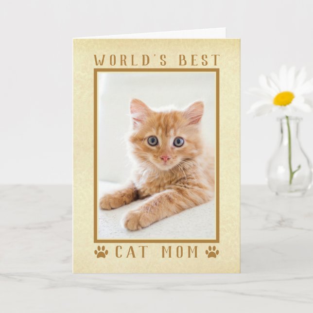 World's Best Cat Mum Gold Mother's Day Photo Card (Small Plant)