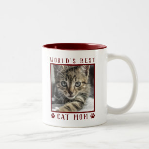 World's Best Cat Mum Paw Prints Pet Photo Burgundy Two-Tone Coffee Mug
