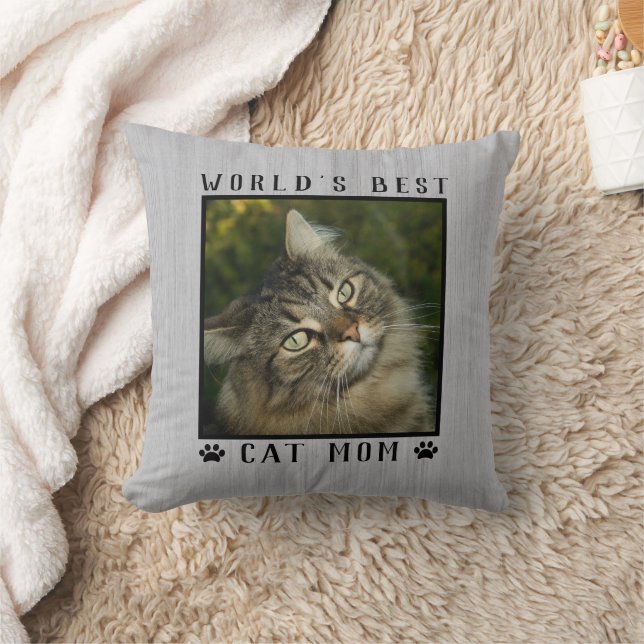 World's Best Cat Mum Paw Prints Pet Photo Rustic Cushion (Blanket)