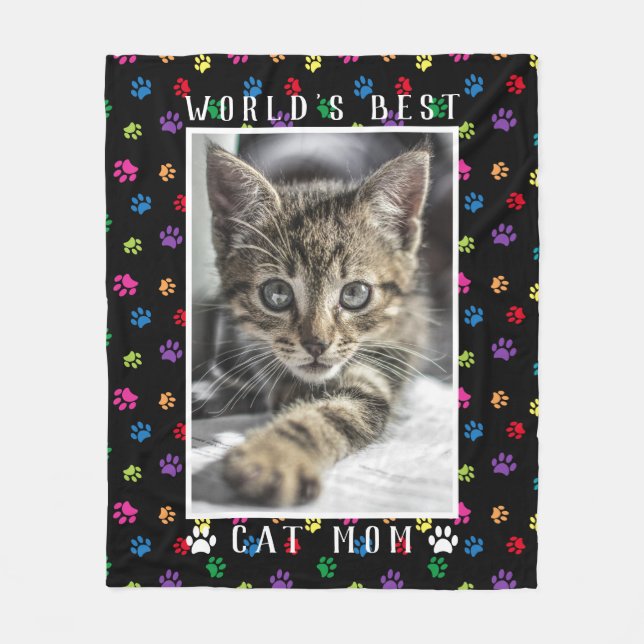 World's Best Cat Mum Pet Photo Colourful Paw Print Fleece Blanket (Front)