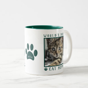World's Best Cat Mum Photo Name Paw Prints Green Two-Tone Coffee Mug
