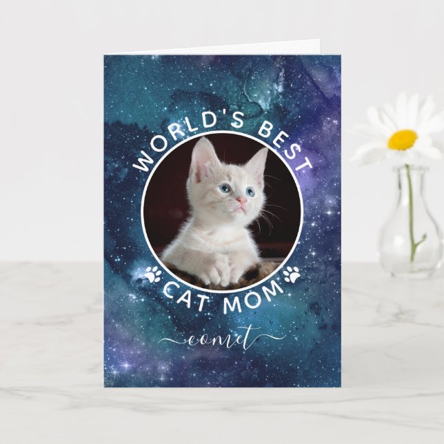 World's Best Cat Mum Space Photo Custom Birthday Card (Small Plant)