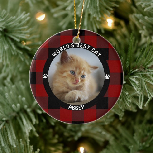 WORLDS BEST CAT Red Buffalo Check Personalised Ceramic Tree Decoration (Tree)