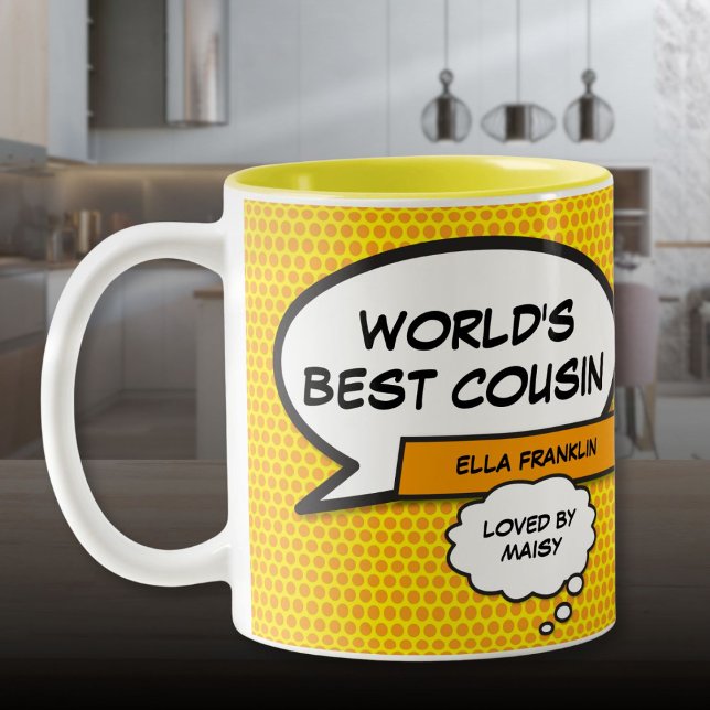 World's Best Cousin Fun Comic Book Personalised Two-Tone Coffee Mug (World's Best Cousin Fun Comic Book Personalized Two-Tone Coffee Mug)